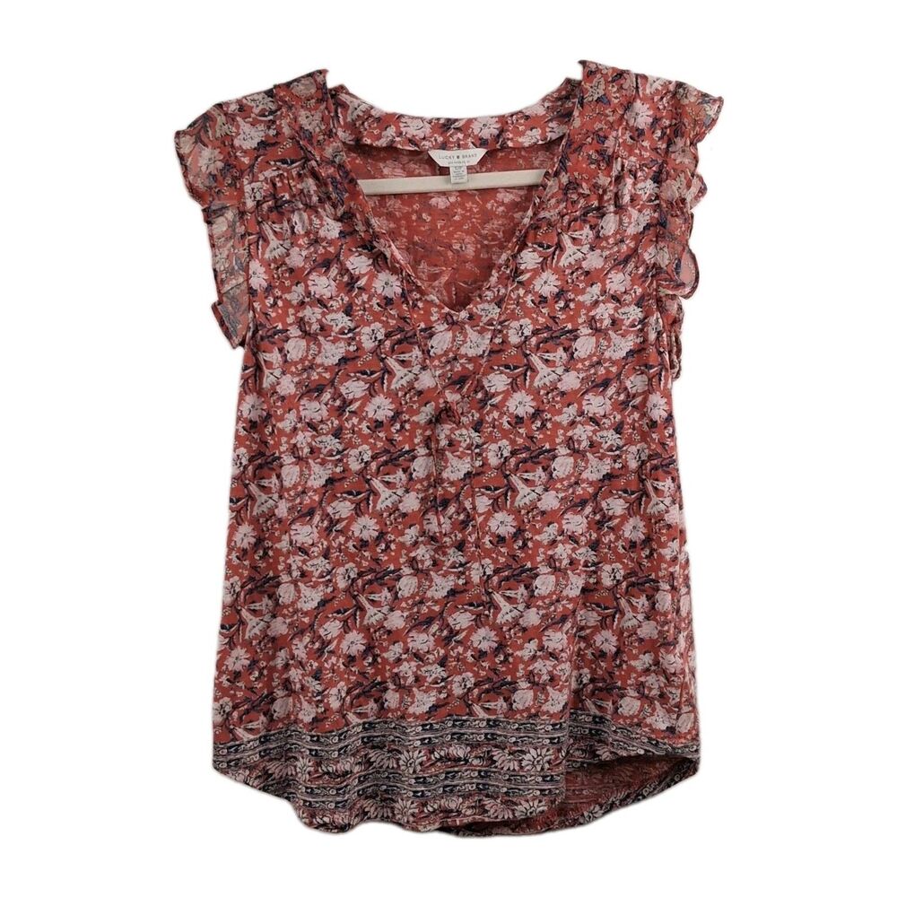 Boho Rust Floral Ruffle Sleeve Blouse Lucky Brand Women’s Size S Border Print